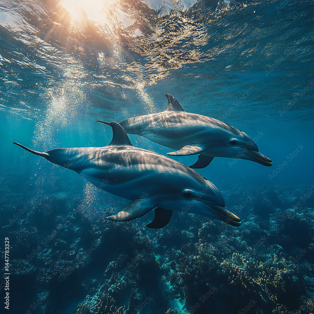 Obraz premium A peaceful underwater shot of a group of dolphins swimming in the open ocean