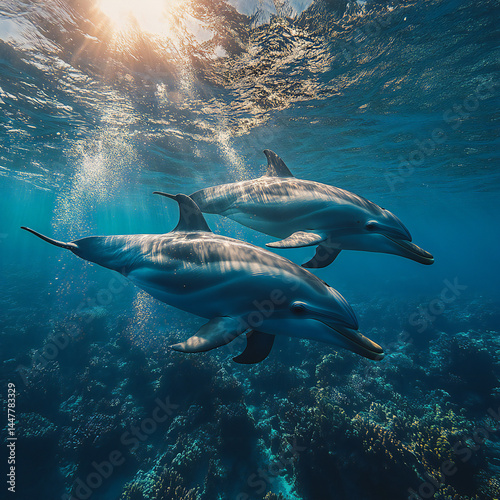 A peaceful underwater shot of a group of dolphins swimming in the open ocean photo