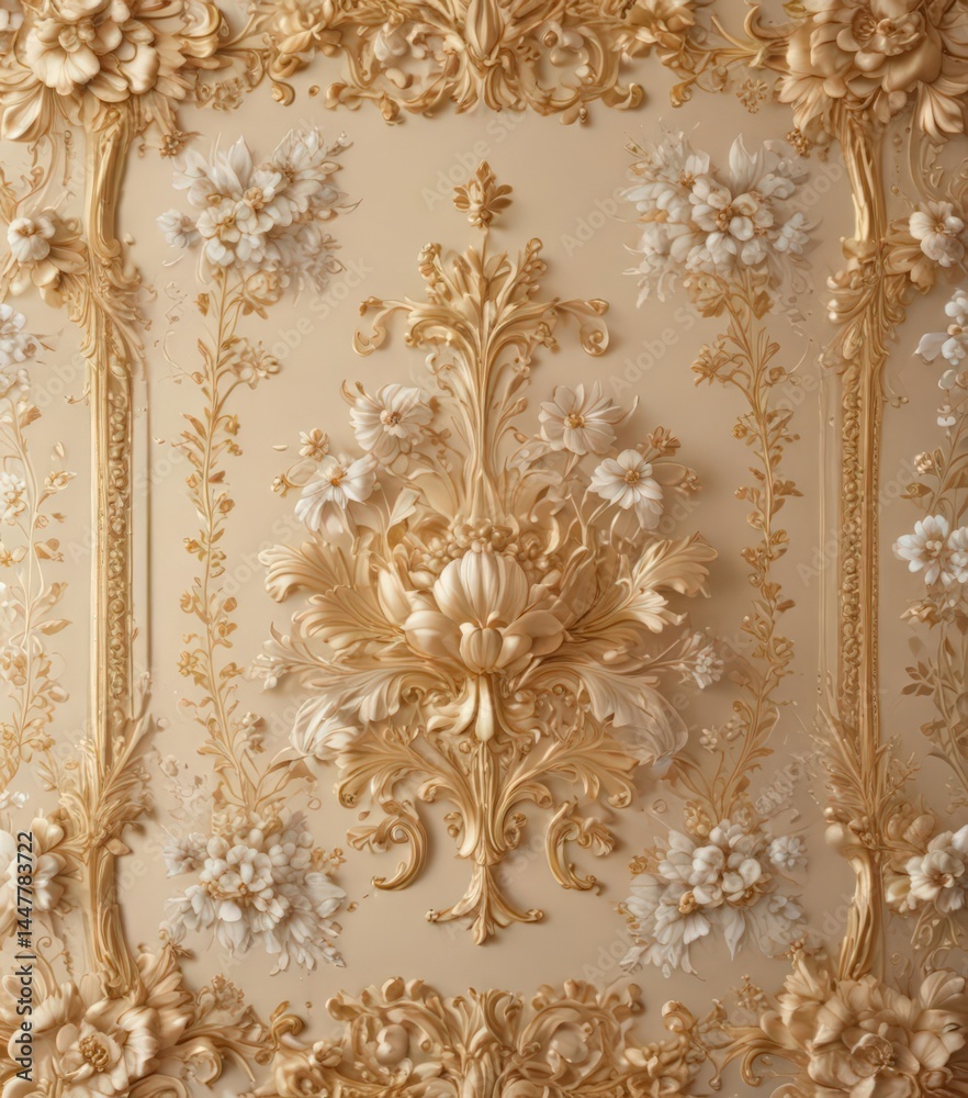Obraz premium Bright luxury vintage floral wallpaper; pastel gold accents, ornate design, beautiful, bridal
