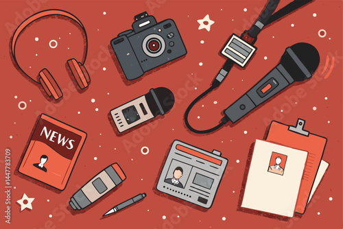 Detailed illustration of various press badges, recording devices, and reporter accessories, showcasing journalistic equipment.