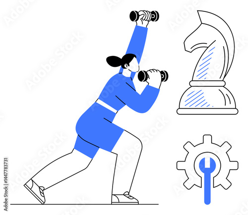 Woman lifting dumbbells in energetic pose, large chess knight, and gear with wrench nearby. Ideal for fitness, strategy, goal setting, personal growth, problem-solving, career and success themes