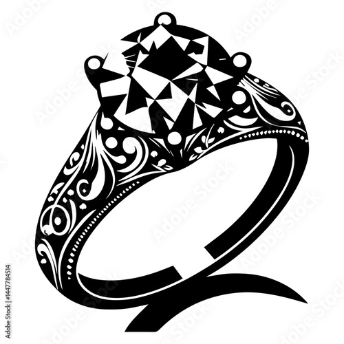 Black and white silhouette of a diamond ring on a white isolated background. Vector graphics. EPS.