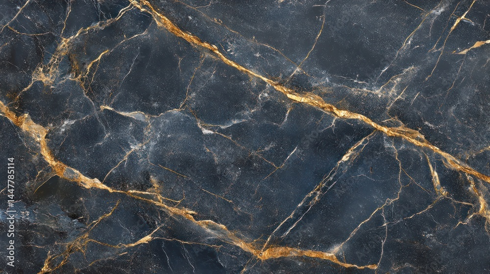Fototapeta premium Dark, dramatic veined marble pattern showcases rich gold streaks.