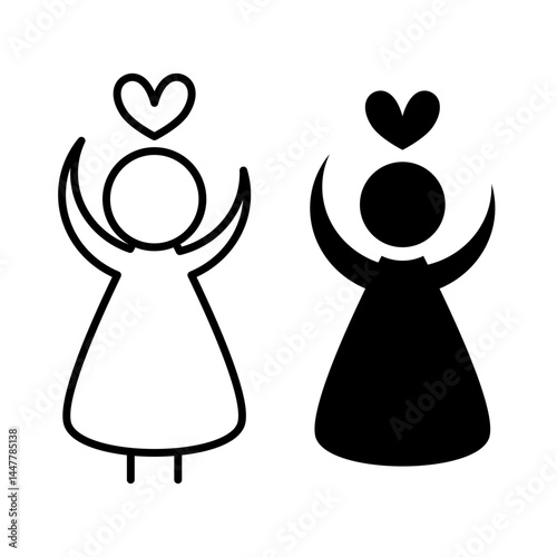 Love Symbol Illustration: A minimalist illustration featuring two figures, one in silhouette and the other outlined, each holding a heart above their heads, symbolizing love and connection.
