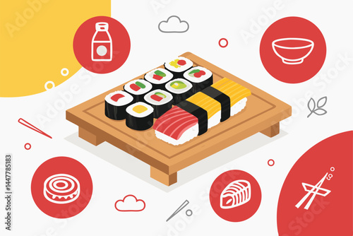Create a vibrant vector illustration of a landing page featuring a beautifully arranged sushi board, emphasizing fresh ingredients and appealing presentation.