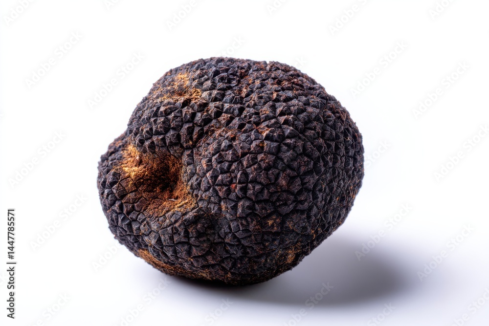 Unique black truffle with rough texture on a clean surface, showcasing its intricate details and natural form Unique black truffle with rough texture on a clean surface, showcasing its intricate details and natural form