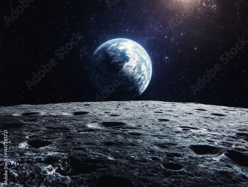 A planet with a blue sky and a white moon. The sky is dark and the moon is shining brightly