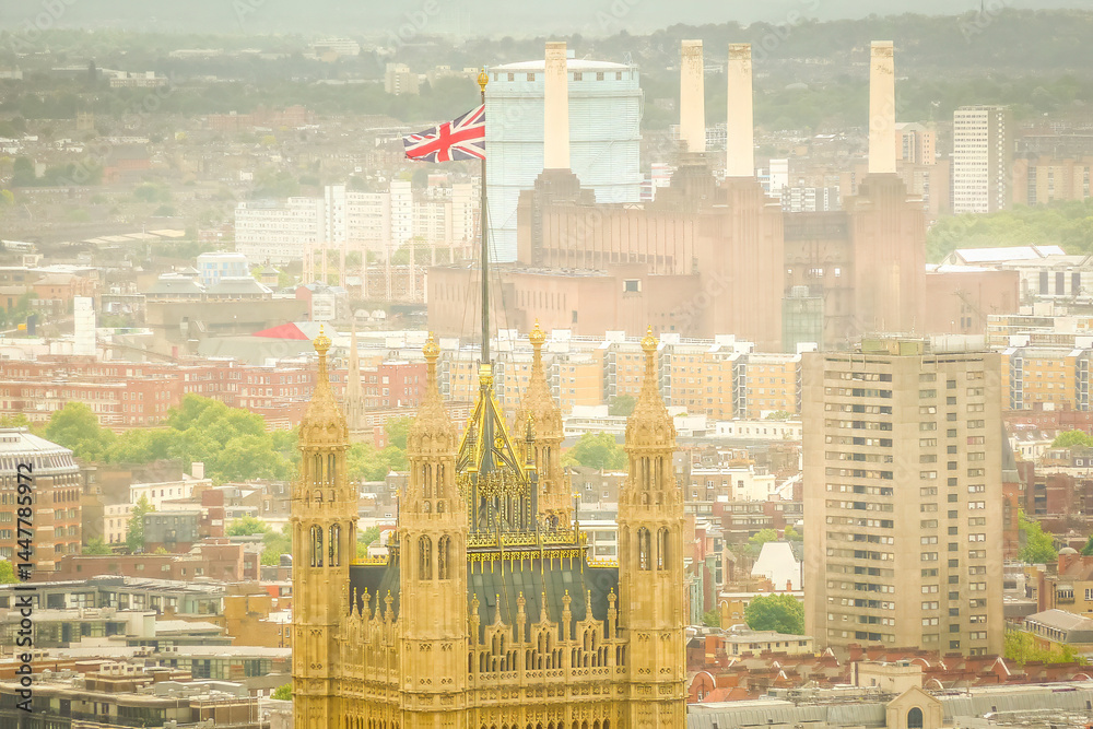 Aerial view of London with the top of the Parliament building