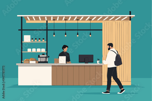 A stylish man purchases coffee at a sleek, minimalist cafe with modern vector graphics.  The scene emphasizes clean lines and muted tones.