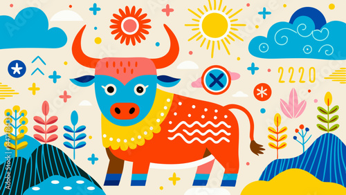 Colorful zodiac bull illustration decorated with cheerful elements  