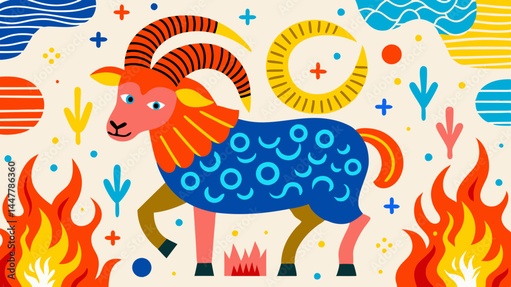Fototapeta premium Colorful zodiac sign illustration of Aries surrounded by playful elements 