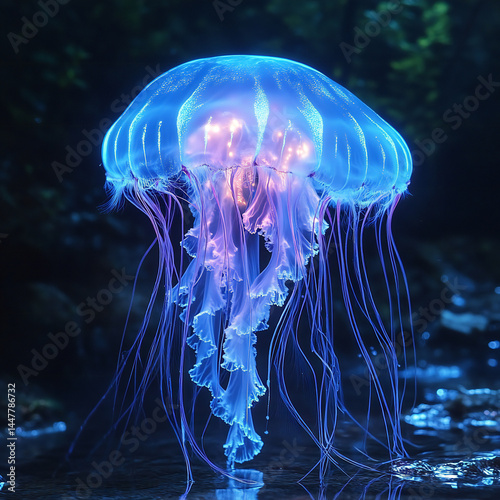 A mesmerizing underwater scene with a glowing bioluminescent jellyfish
