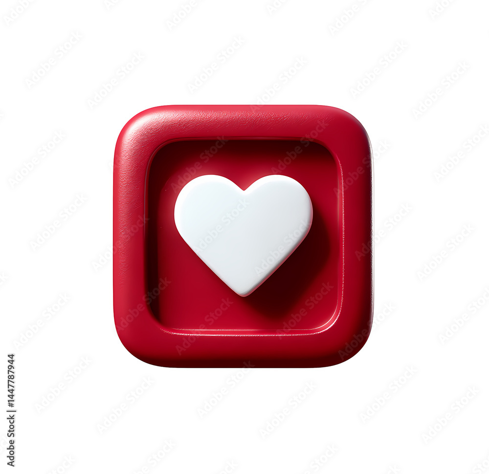 3D Render of a Red Square Button with a White Heart Inside on transparent background 3D Render of a Red Square Button with a White Heart Inside on transparent background