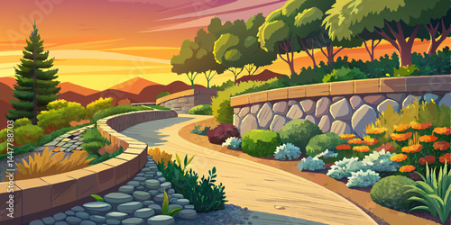 Amazing Landscaped garden with curved stone retaining wall vector. Planting perennials, rock gardens. Gravel path. Beige, grey tones. Good for country style homes, illustration background