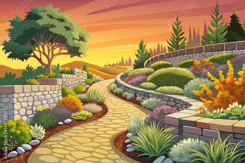 Amazing Landscaped garden with curved stone retaining wall vector. Planting perennials, rock gardens. Gravel path. Beige, grey tones. Good for country style homes, illustration background