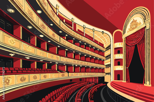 A photorealistic rendering of a modern theater's interior, showcasing its multi-layered balconies, sophisticated lighting, and plush seating.  Focus on architectural details.