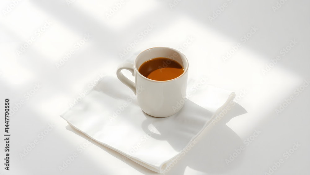 Overhead Photo of Coffee in Ceramic Mug on White Napkin Overhead Photo of Coffee in Ceramic Mug on White Napkin
