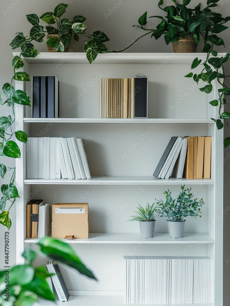Fototapeta premium A white bookshelf with a variety of books and potted plants. The books are arranged in rows and the potted plants are placed on the shelves