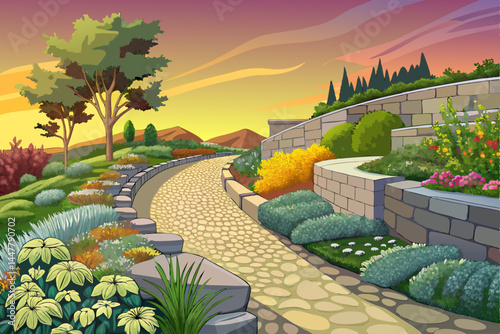 Amazing Landscaped garden with curved stone retaining wall vector. Planting perennials, rock gardens. Gravel path. Beige, grey tones. Good for country style homes, illustration background