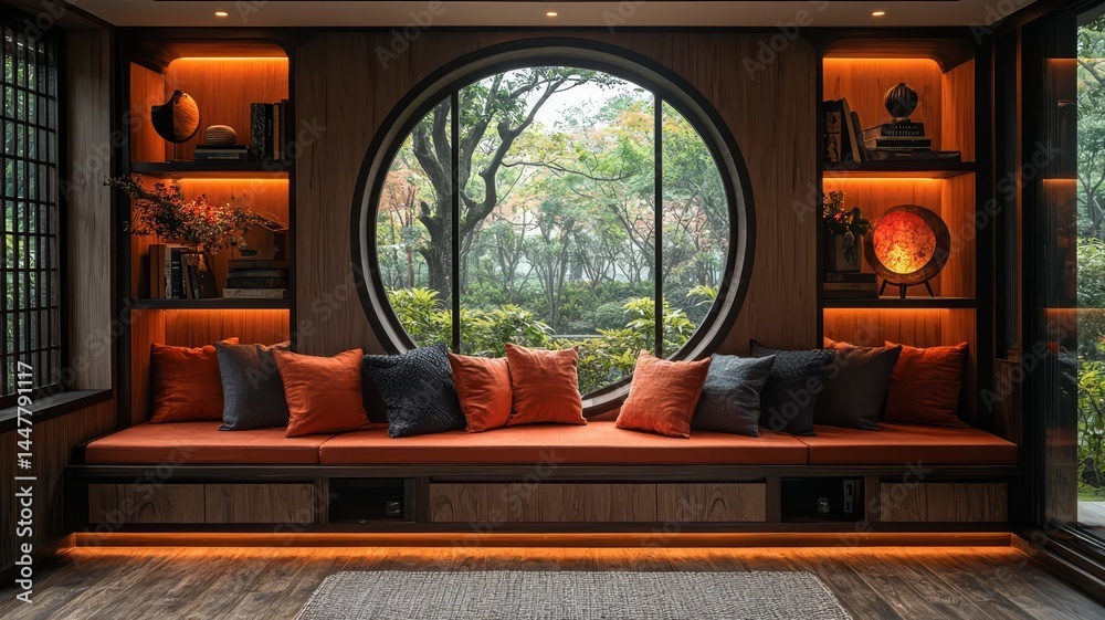 Fototapeta premium Cozy modern living space featuring a circular window, warm orange accents, and plush cushions, perfect for relaxation and stylish interior design inspiration.