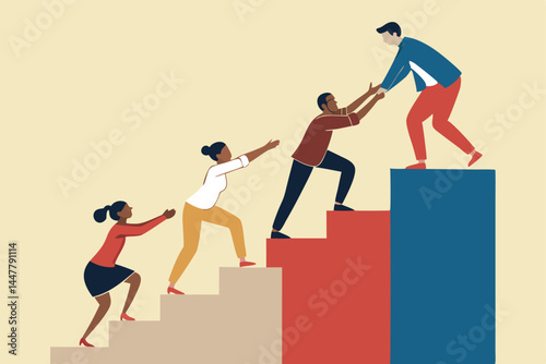 Create a modern, minimalist vector illustration depicting diverse people collaboratively assisting each other, emphasizing teamwork and support.