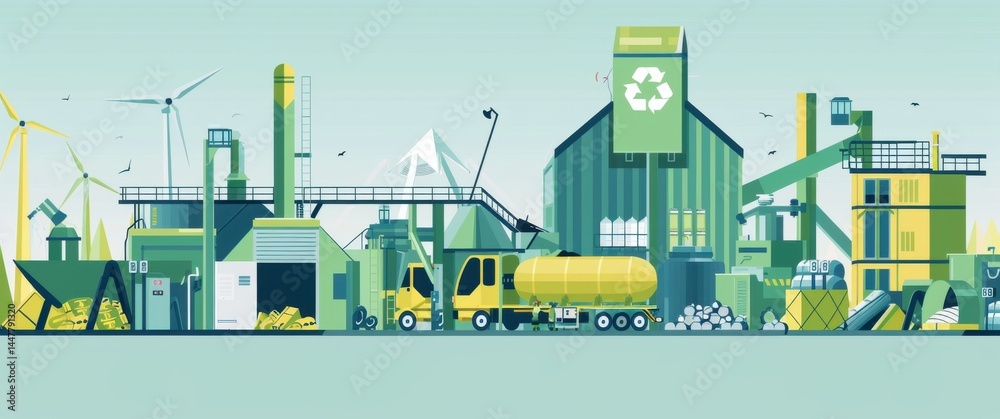 Flat design shows a sustainable waste processing plant with clean energy like wind turbines, geometric machinery and organized workflow. Flat design shows a sustainable waste processing plant with clean energy like wind turbines, geometric machinery and organized workflow.