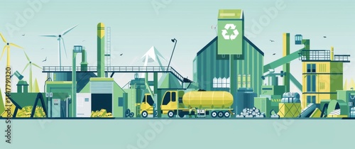 Flat design shows a sustainable waste processing plant with clean energy like wind turbines, geometric machinery and organized workflow.
