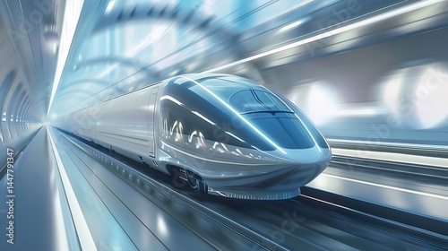 高速走行する未来的な電車 青い光の中で輝く金属製の車両がトンネルを駆け抜ける 輸送とテクノロジーのイメージ