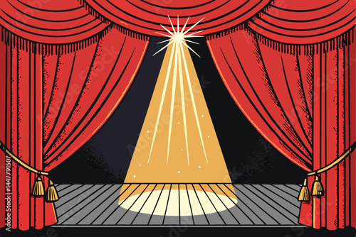 Create a modern, minimalist vector illustration of an empty theater stage with dramatic lighting, emphasizing geometric shapes and clean lines.