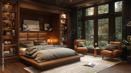 Elegant modern bedroom with a cozy atmosphere, featuring a plush bed, stylish armchairs, and large windows showcasing natural light and greenery.