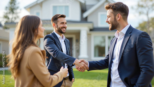 Smiling Business Professionals Shaking Hands Outdoors In Front Of Suburban House During Real Estate Deal