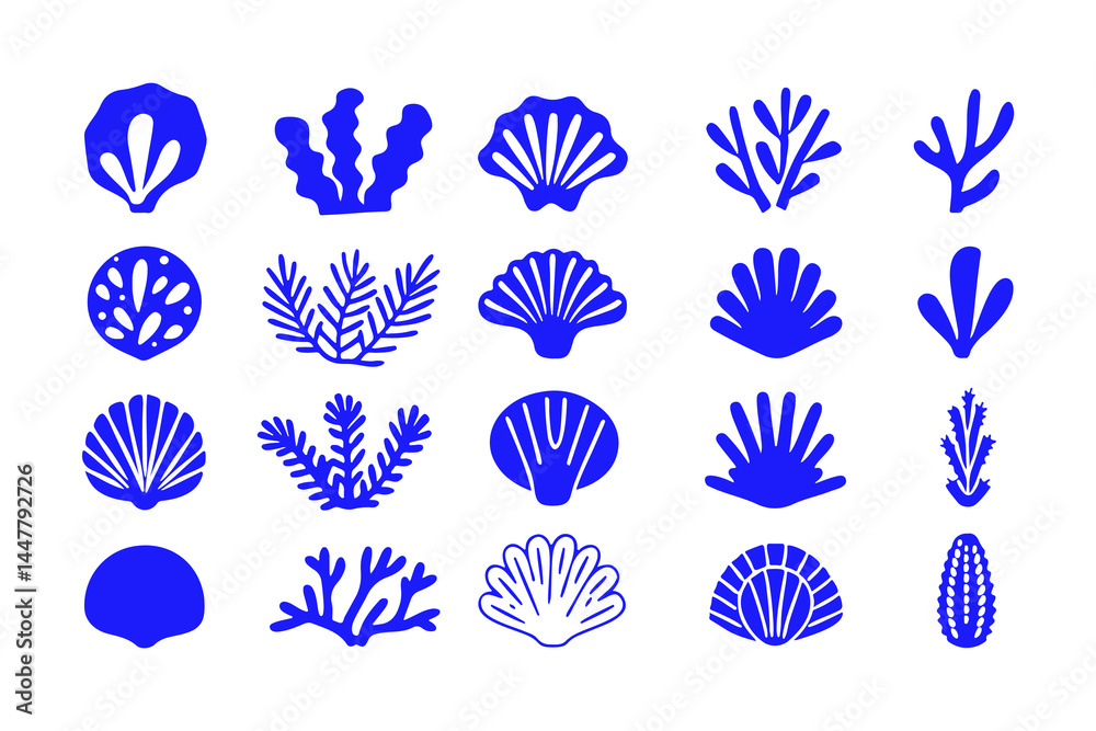 Set of Coral and Seashell Silhouettes, Marine Vector Icons Featuring Various Coral Shapes, Spiral Shells, Sea Fans, and Ocean-Inspired Decorative Elements. Set of Coral and Seashell Silhouettes, Marine Vector Icons Featuring Various Coral Shapes, Spiral Shells, Sea Fans, and Ocean-Inspired Decorative Elements.