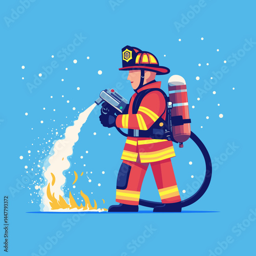 A firefighter sprays water on a fire in a cartoon style.