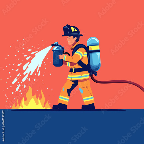 A firefighter sprays water on a fire in a cartoon style.