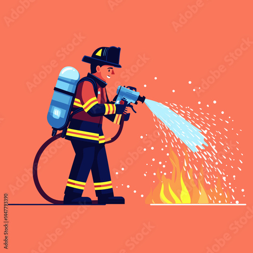 A firefighter sprays water on a fire in a cartoon style.