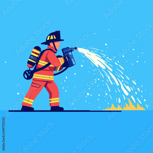 A firefighter sprays water on a fire in a cartoon style.