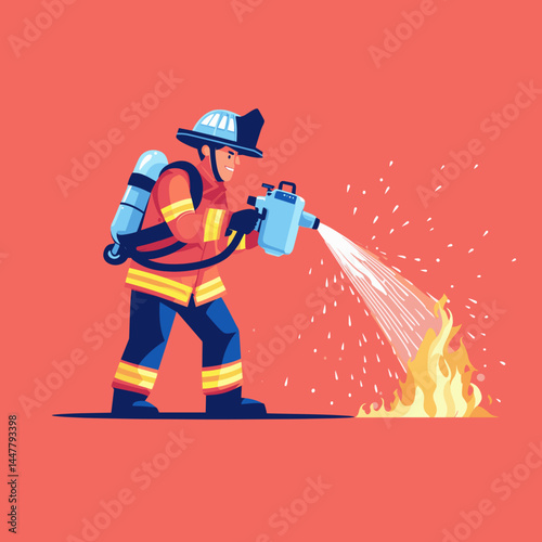 A firefighter sprays water on a fire in a cartoon style.