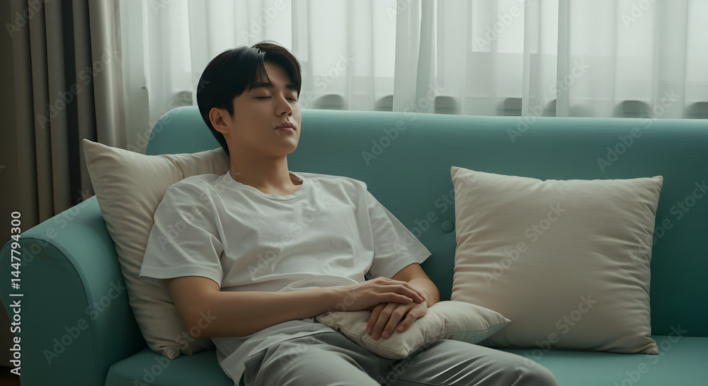 Young Man Resting Asleep on Blue Sofa with Pillows in Bright Daylit Room