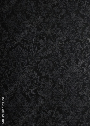 Intricate black gothic damask wallpaper; floral vines, seamless pattern, design element, background, vine