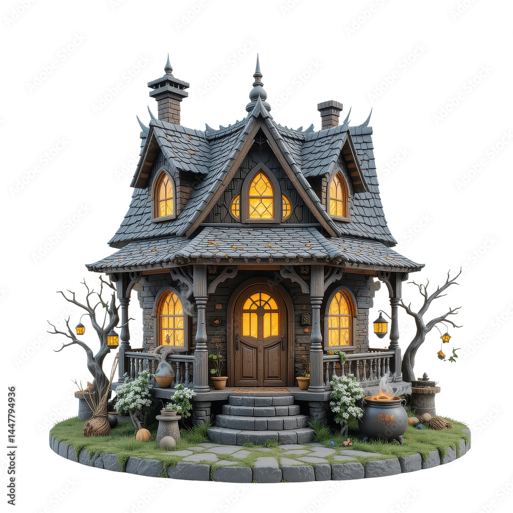 Obraz premium Enchanting Halloween Cottage A Spooky Yet Charming Dark Fantasy House with Lit Windows and Cauldron