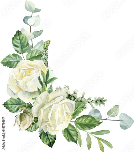 Watercolor White Rose Corner Clipart – Floral Greenery Wedding PNG. Elegant watercolor floral corner with white roses, eucalyptus, and greenery. Perfect for wedding invites, cards, scrapbooking