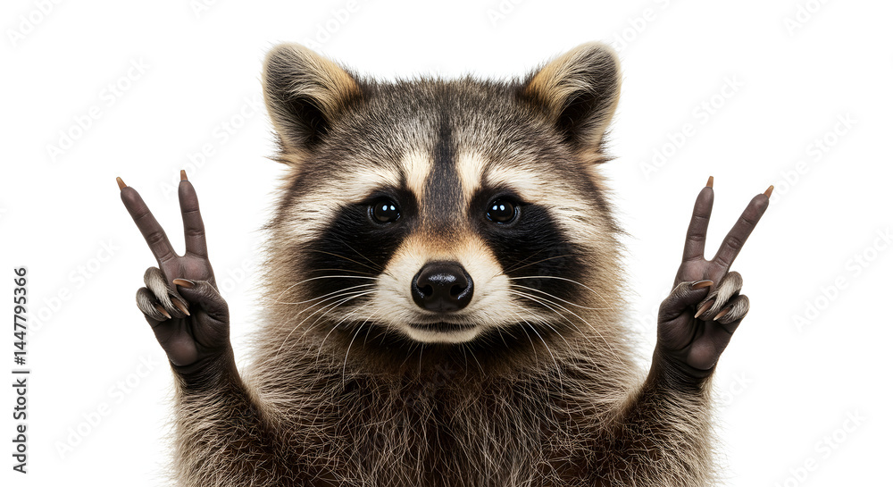 Adorable Raccoon Making a Peace Sign with Two Fingers Isolated on White Background Adorable Raccoon Making a Peace Sign with Two Fingers Isolated on White Background