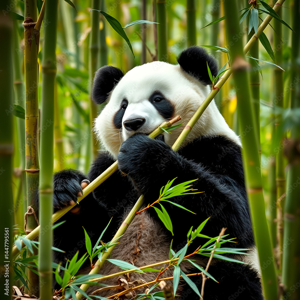 Obraz premium A giant panda leisurely gnawing on bamboo deep in the bamboo forest