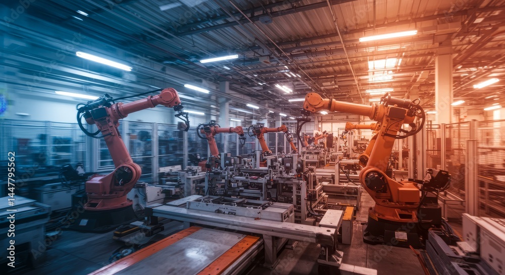 Automated Robotic Factory: High Speed Manufacturing - Advanced technology, robotic automation, efficient production, motion blur, industrial revolution. Symbolizing progress, innovation, efficiency Automated Robotic Factory: High Speed Manufacturing - Advanced technology, robotic automation, efficient production, motion blur, industrial revolution. Symbolizing progress, innovation, efficiency