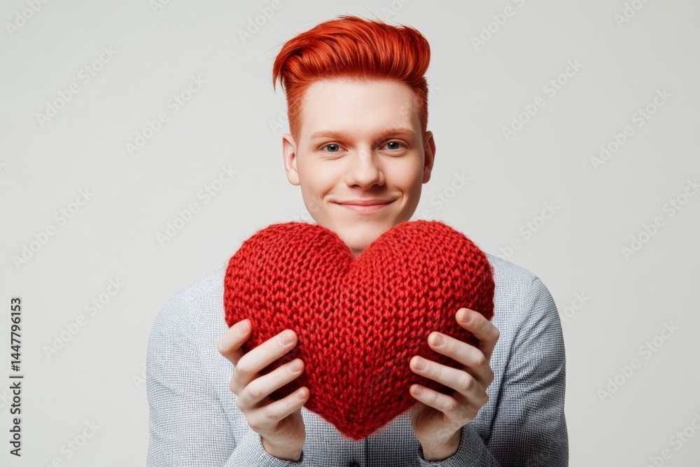 Professional studio visual, copy space. Cute Valentine's Day greeting. Isolated white adult man on pure white background with knitted heart in hands.