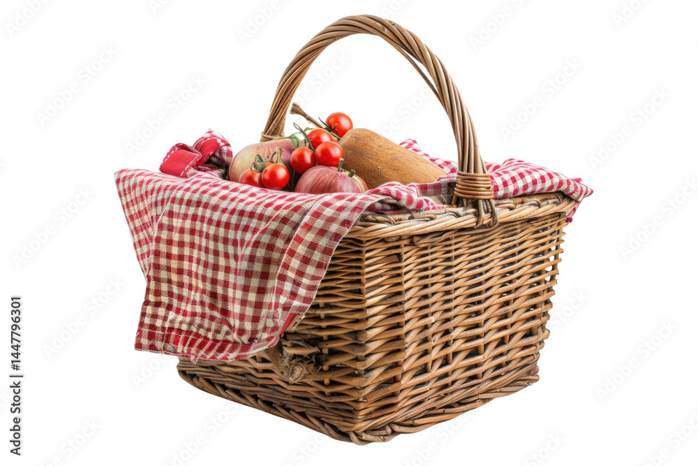 Wicker picnic basket with checkered cloth isolated on white background. Wooden basket with red checkered pattern picnic cloth. Studio photography for design and print. Recreation concept. AIG57. Wicker picnic basket with checkered cloth isolated on white background. Wooden basket with red checkered pattern picnic cloth. Studio photography for design and print. Recreation concept. AIG57.