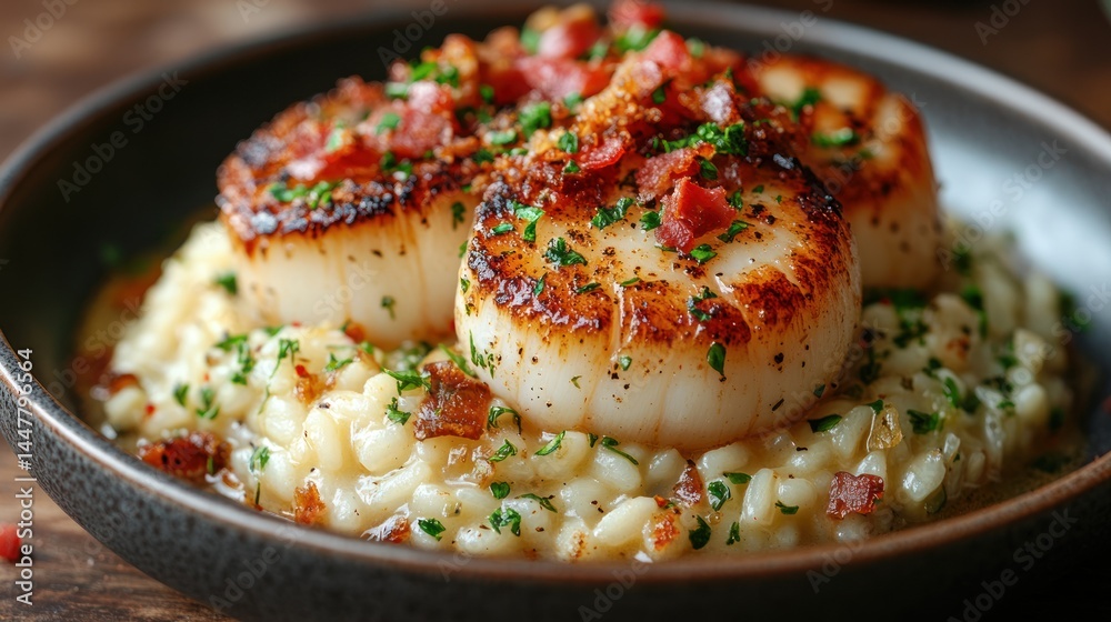 Seared scallops served over risotto in a dark bowl on wood surface. Seared scallops served over risotto in a dark bowl on wood surface.