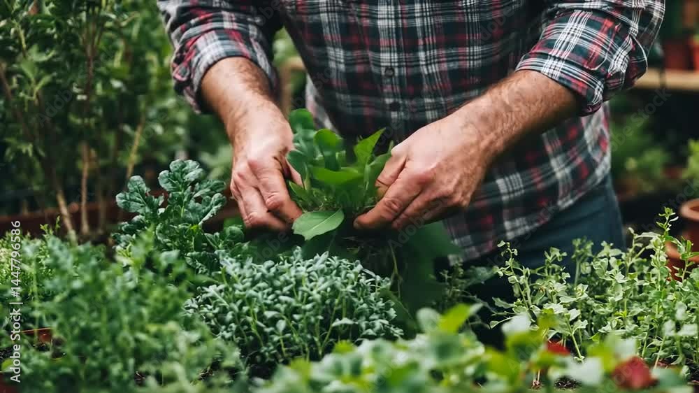 A gardener tending to fresh herbs in a vibrant garden filled with various plants A gardener tending to fresh herbs in a vibrant garden filled with various plants