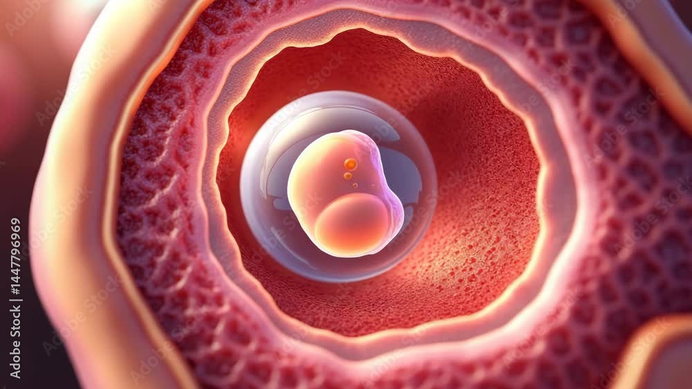 IVF and Embryo Concept ,Detailed view of embryo implantation in uterus, highlighting cellular structures in reproductive biology.