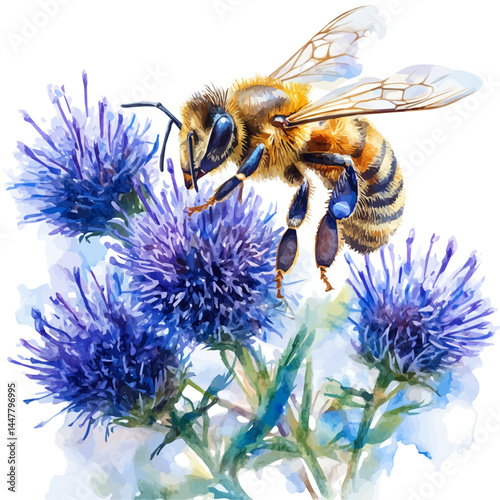 Honeybee Hovering Near A Blooming Flower, vector watercolor illustration, isolated on a white background.
